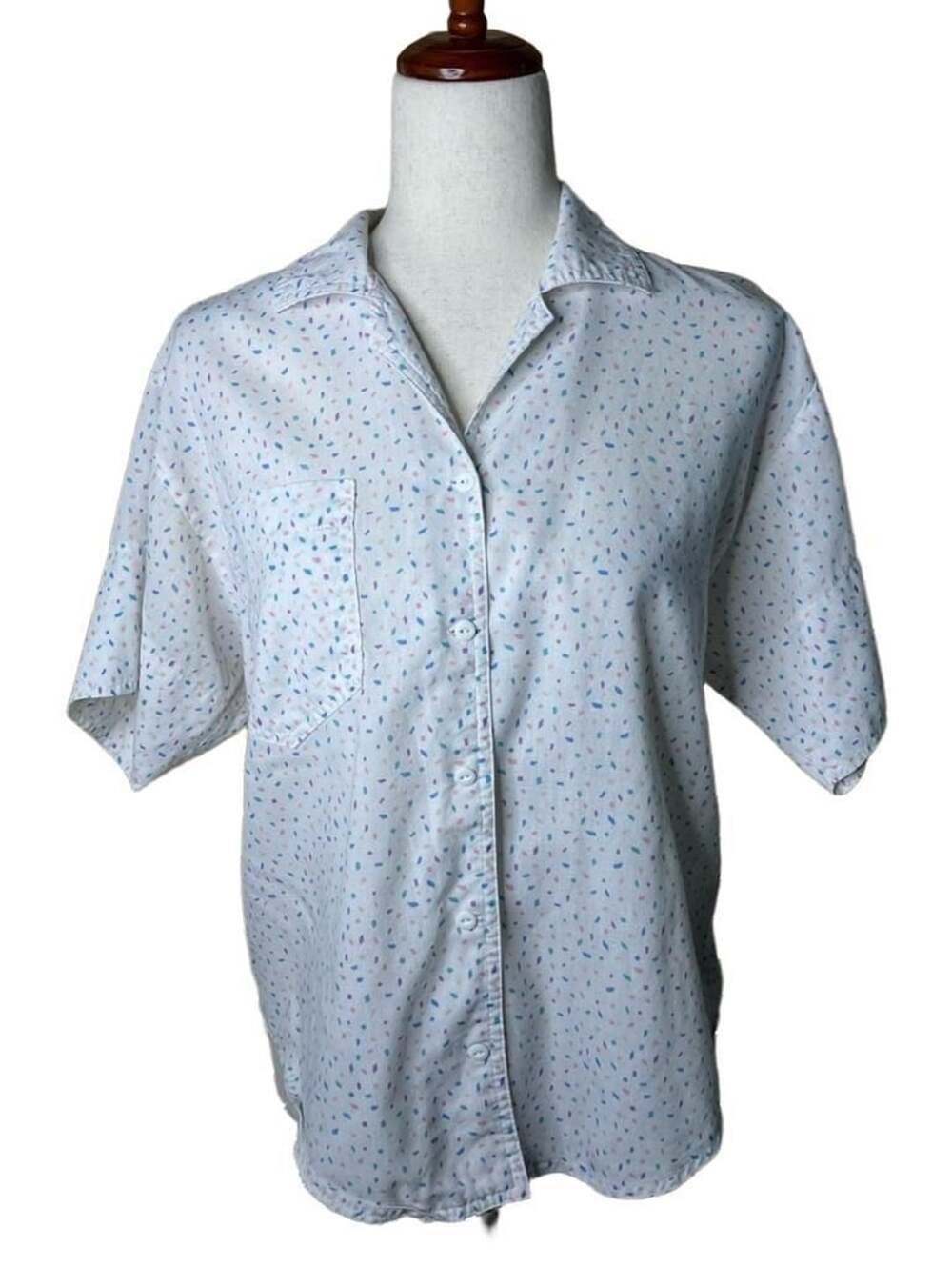 Vintage 80s Short Sleeve Button Down Blouse Colorful Confetti Print